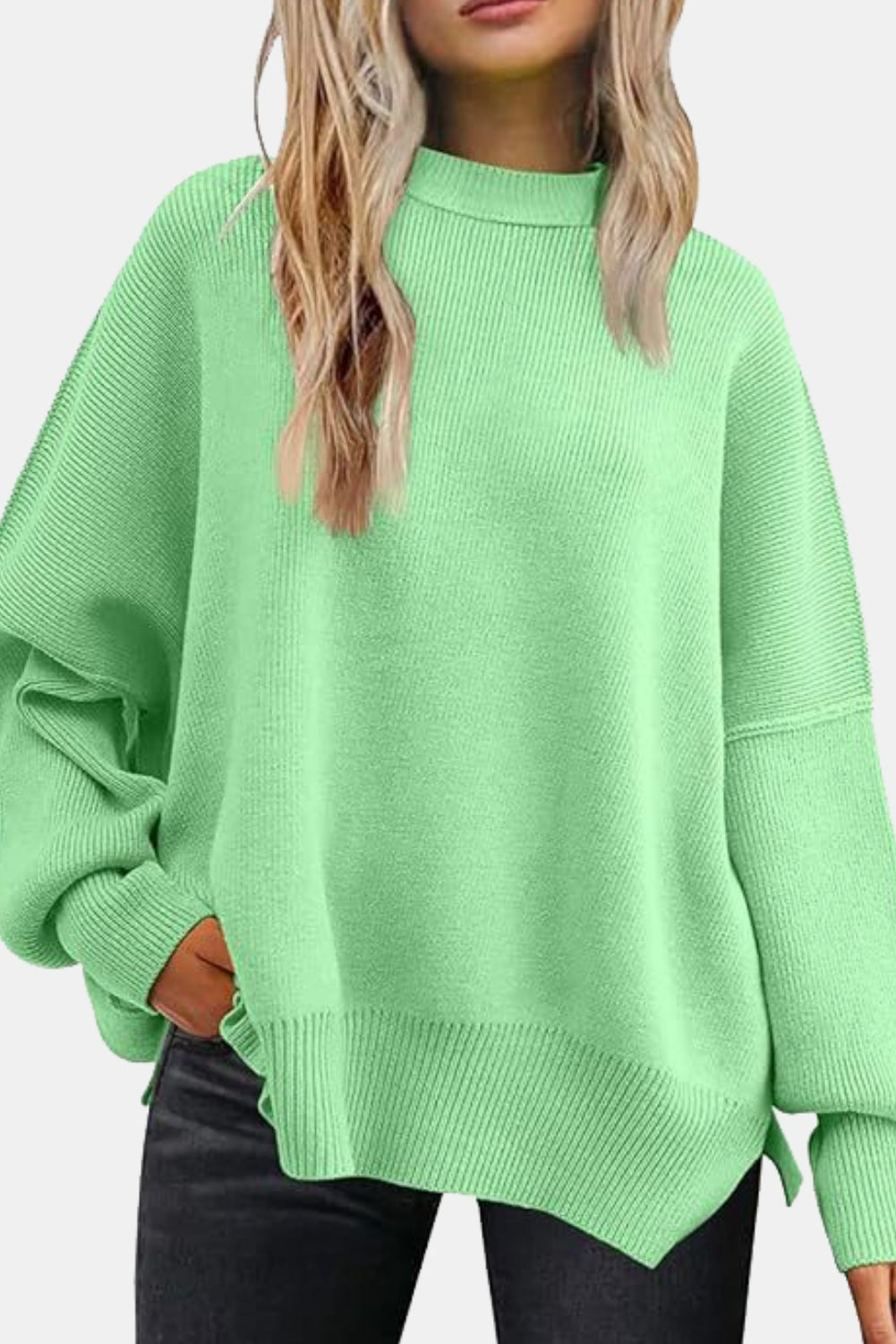 Round Neck Drop Shoulder Slit Sweater