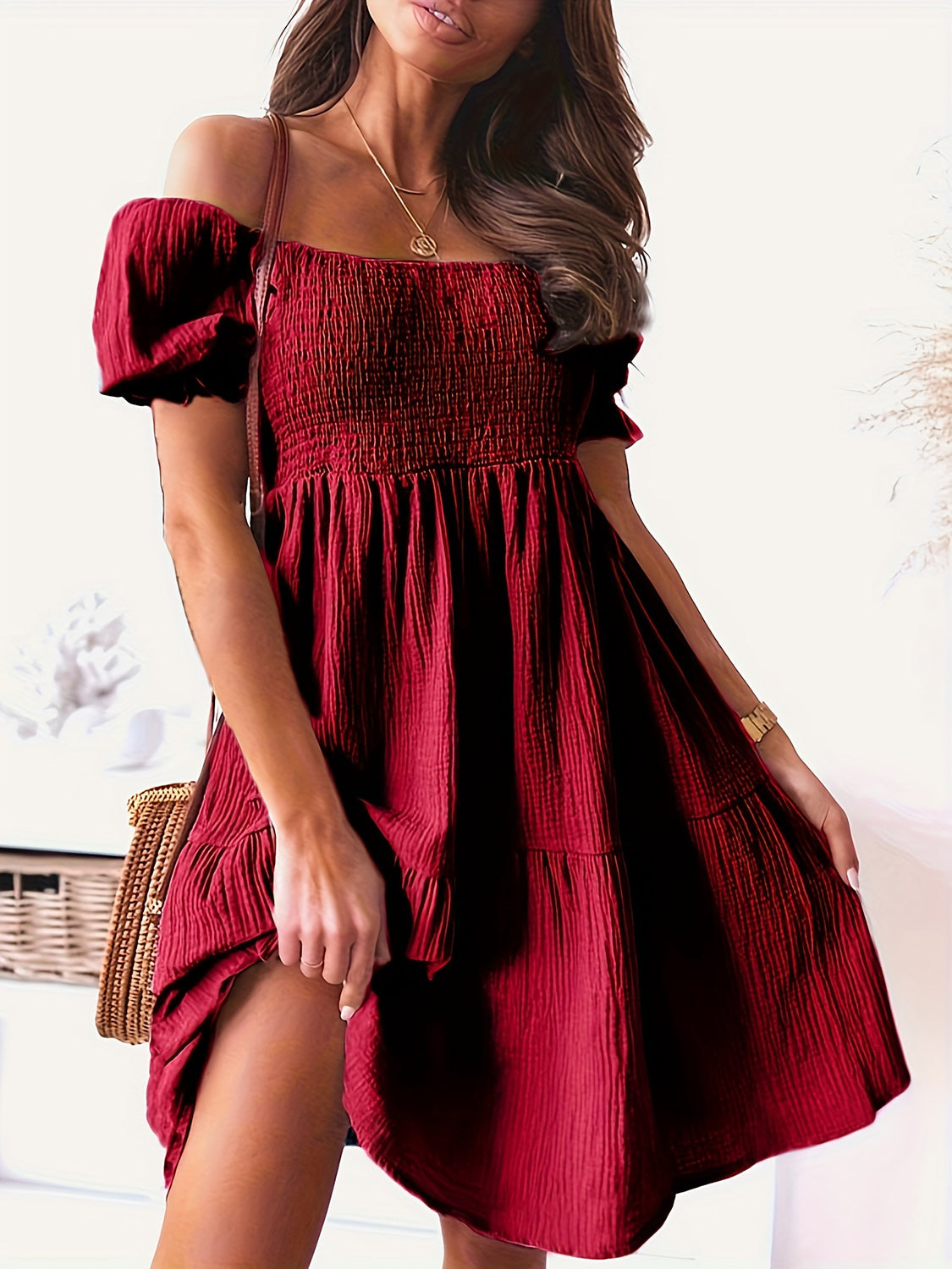 Our Best Polyester/Cotton Blend Off Shoulder Short Puff Sleeve Ruffle Detail Mini Dress (Multicolors)