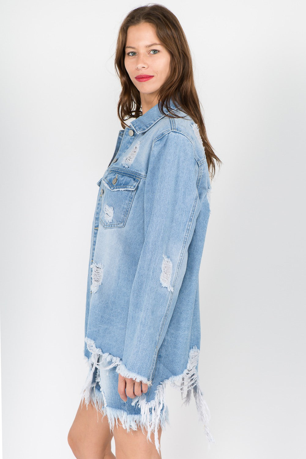 American Bazi 100% Cotton Distressed Frayed Hem Pockets Detail Denim Midi Jacket (Light Blue)