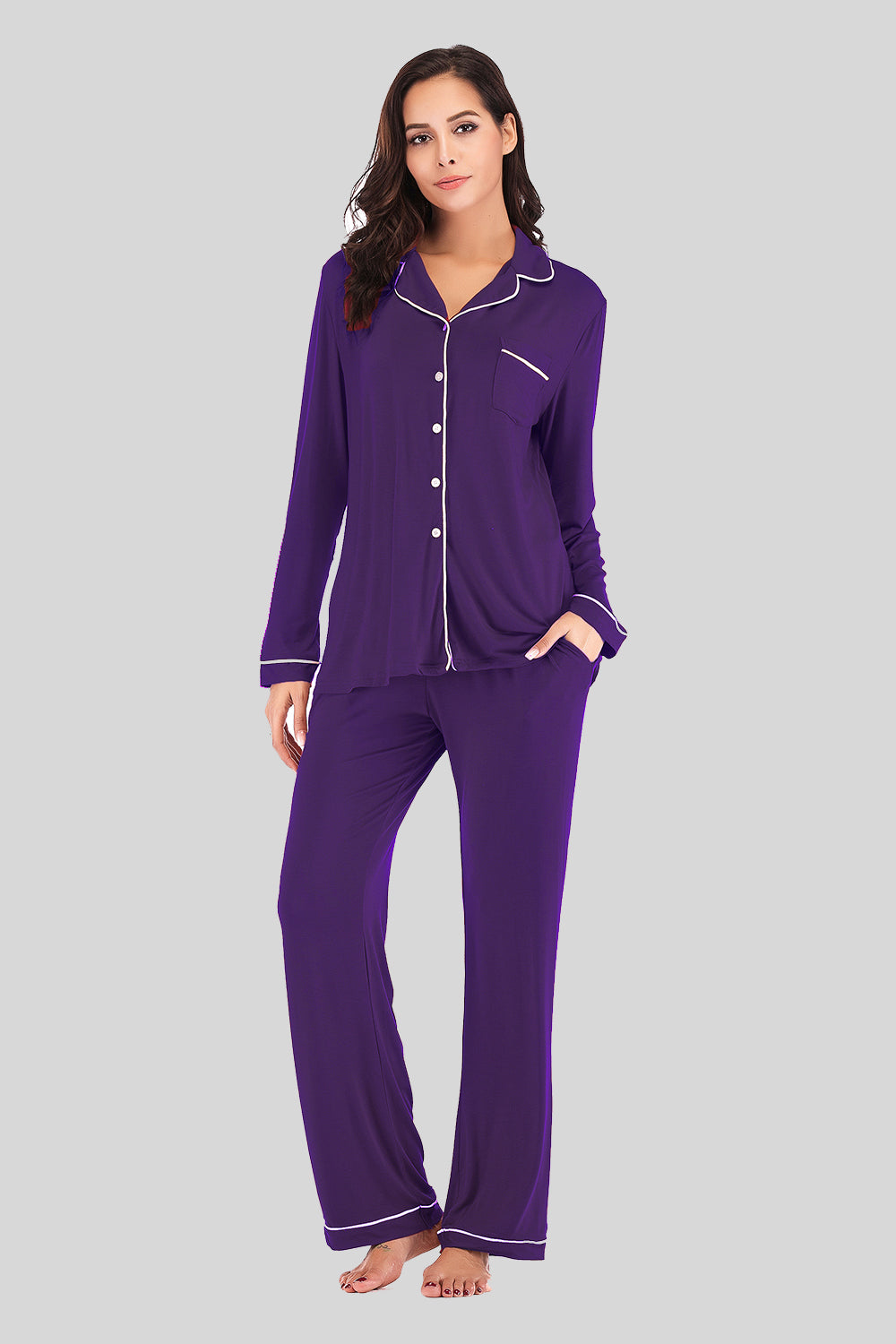 Simona Slumbertime Nylon Blend Long Sleeve Pocket and Piping Detail Loungewear Set (Multicolor)