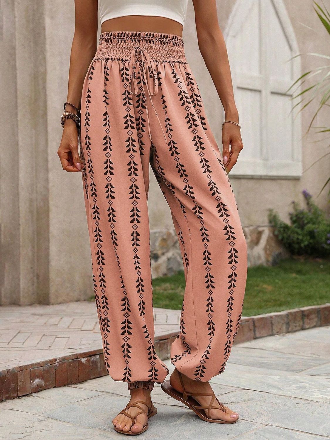 Our Best 100% Polyester Sash Tie Waist Exotic Print High Waist Pants (Multicolor)