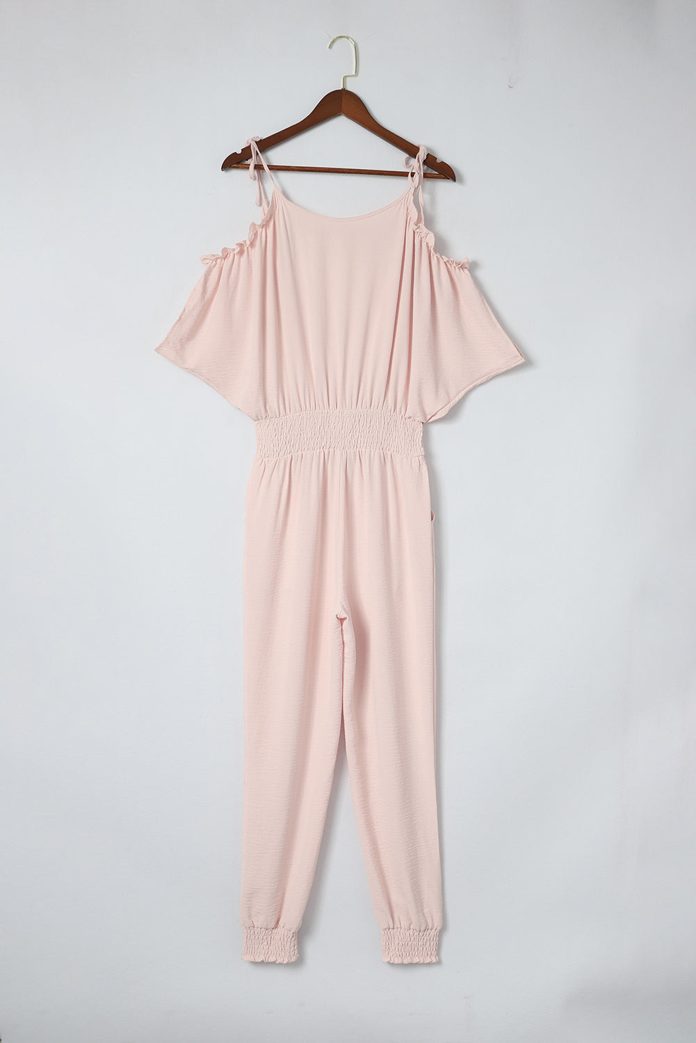 Our Best 100% Polyester Frill Ruffle Cold Shoulder Smocked Waistband Elastic Cuff Surplice Jumpsuit (Watermelon Pink)