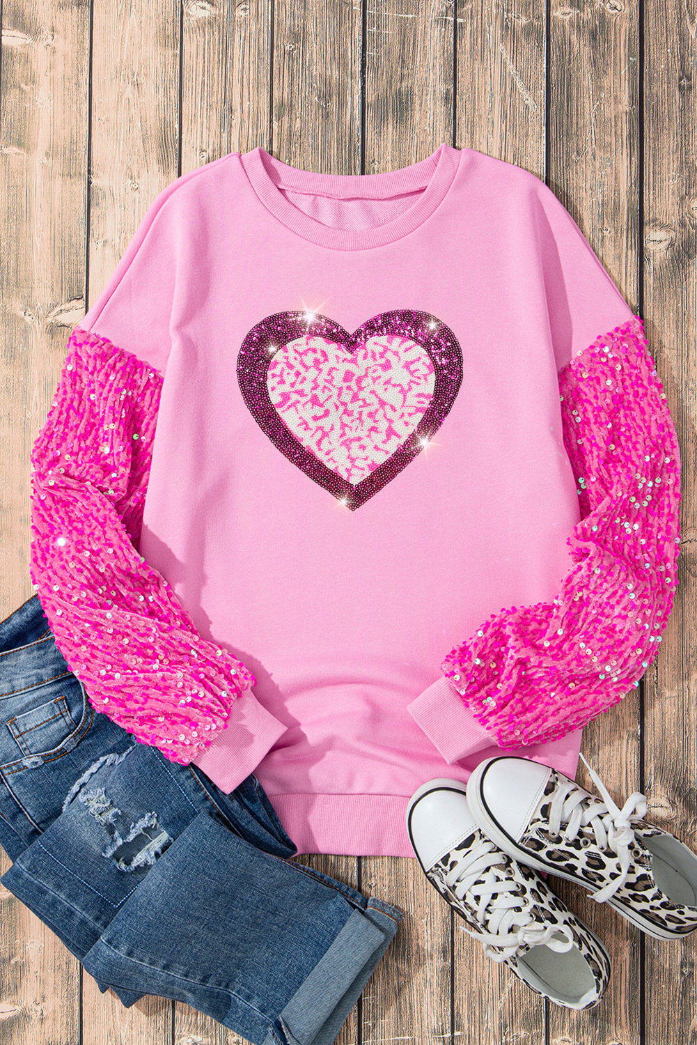 Let Me Be Your Sweetheart Polyester/Cotton Valentine’s Day Shimmering Sequin Heart Long Sleeve Sweatshirt (Pink)