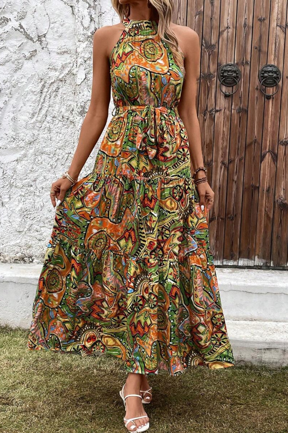 Our Best Polyester Blend Sash Belt Tie Detail Floral Print Sleeveless Maxi Dress (Floral Multi)