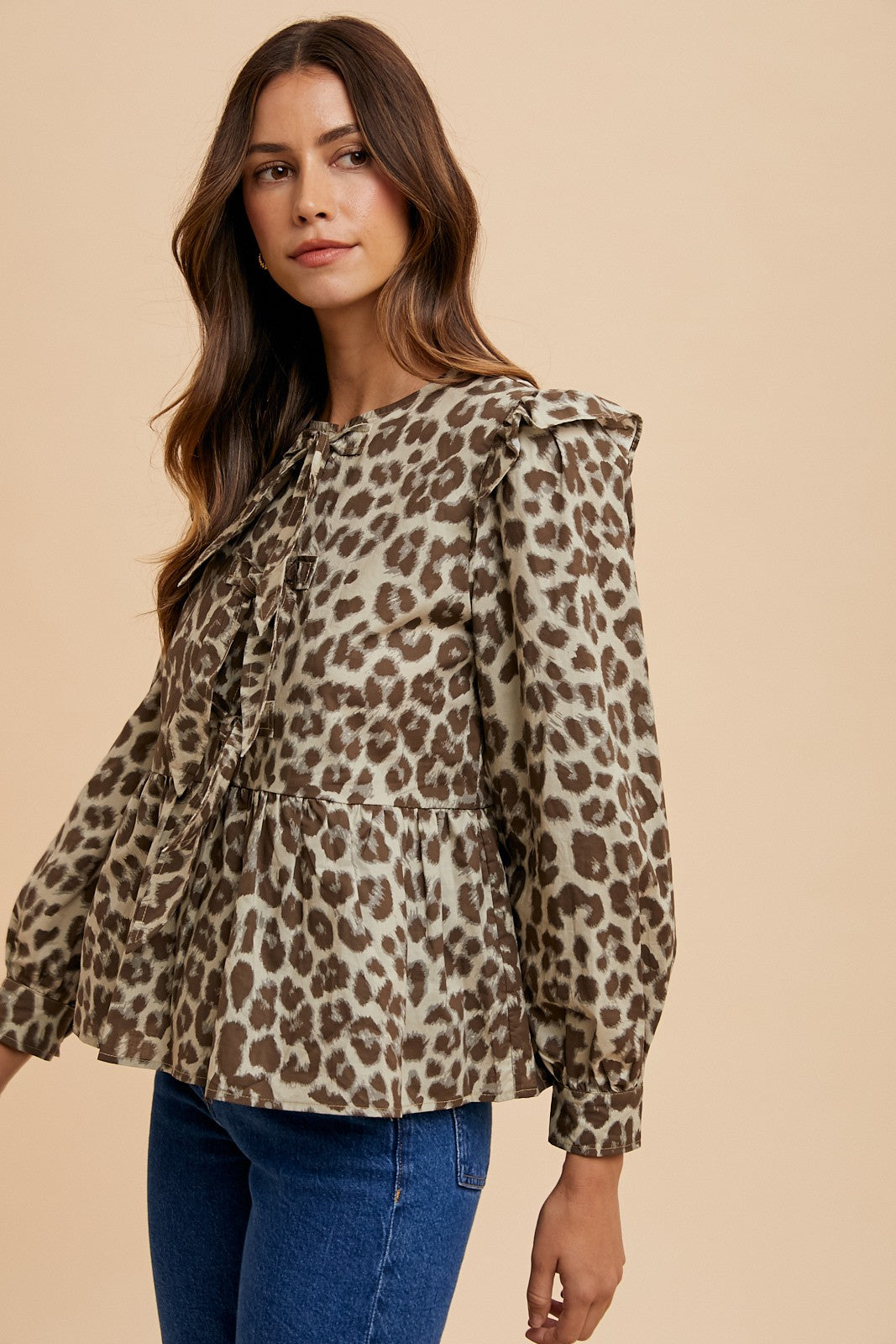 Samantha On Safari Fashion Plus Polyester Blend Annie Wear Sash Tie Leopard Round Neck Peplum Blouse (Mocha)