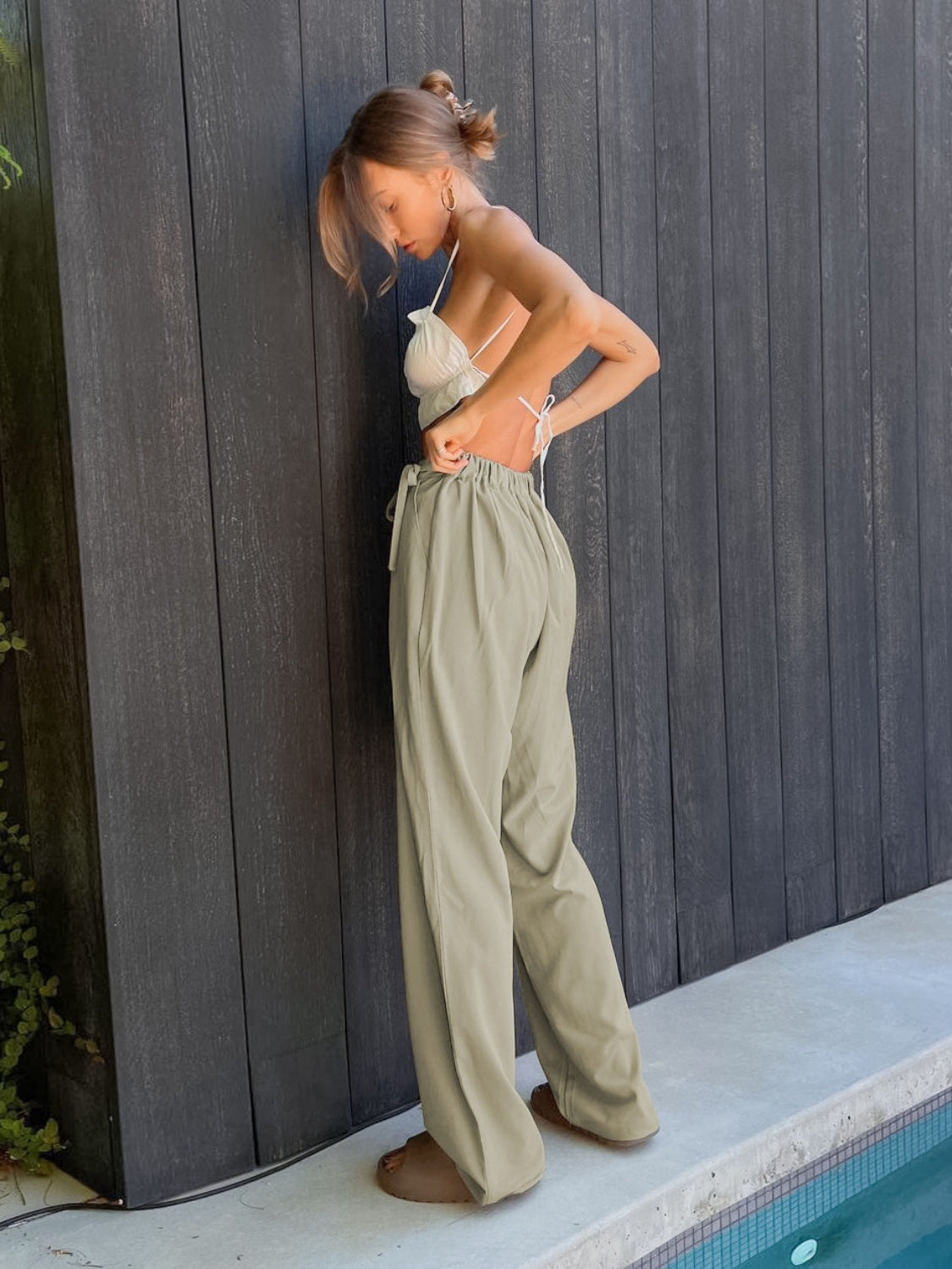 Our Best Polyester Blend Solid Color High Drawstring Waist Tie Detail Wide Palazzo Pants (Multicolor)