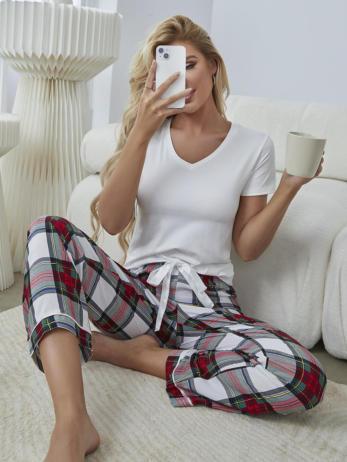 Our Best Polyester/Viscose Blend V-Neck Short Sleeve Tee and Plaid Pants Two Piece Lounge Set (Plaid)