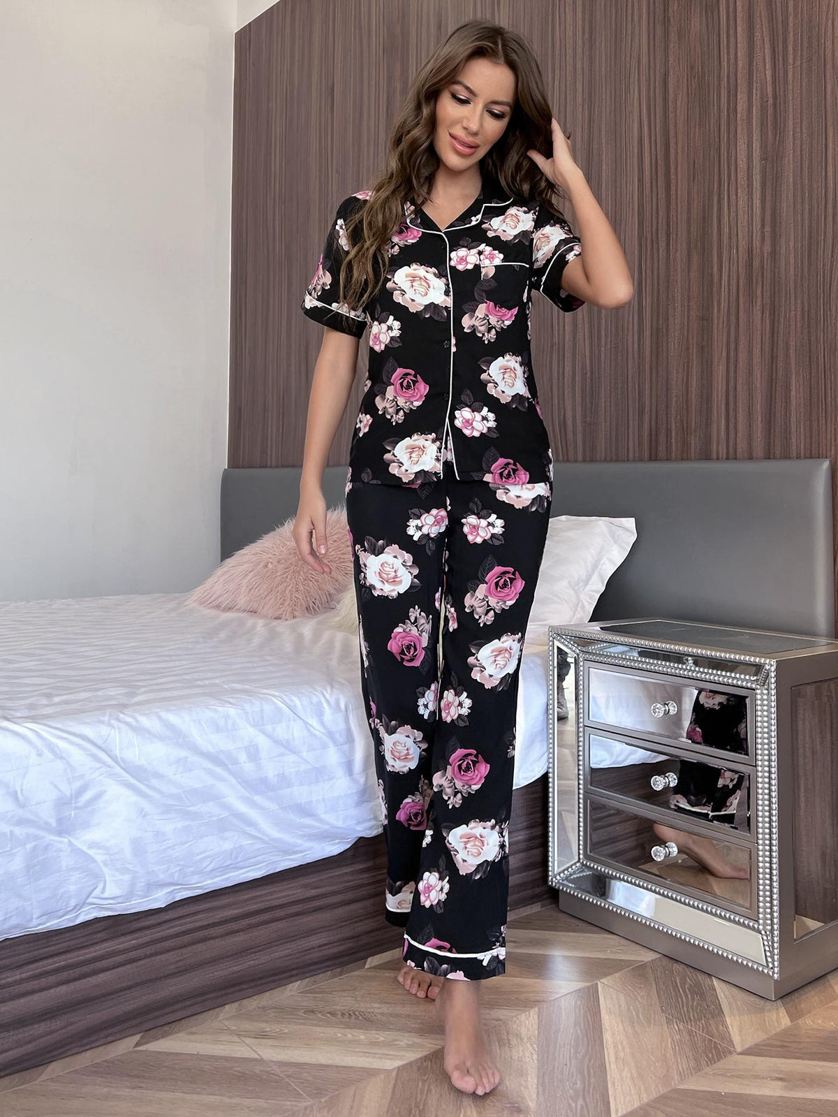 Our Best 100% Rayon Floral Graphics Piping Detail Short Sleeve Shirt and Pants Two Piece Lounge Set (Floral)