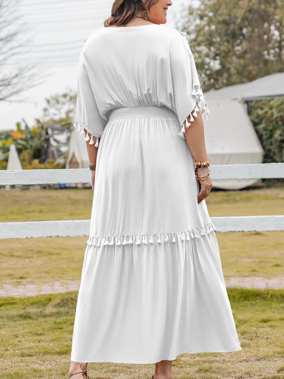 Plus Size Lovely Ladies Polyester Blend Fashion Plus Tassel Smocked V-Neck Half Sleeve Maxi Dress (White)