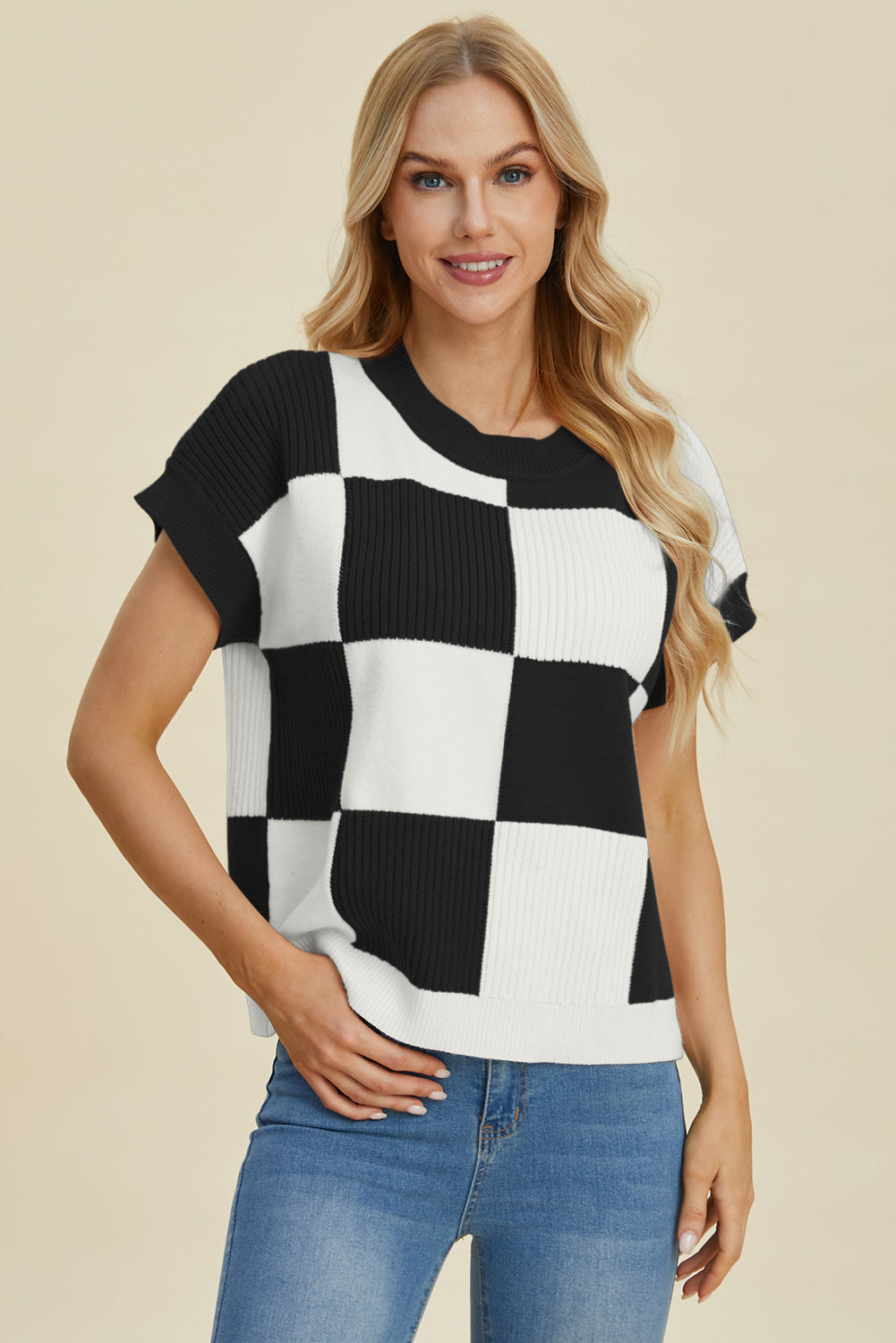 Double Take Full Size Checkered Round Neck Short Sleeve Sweater