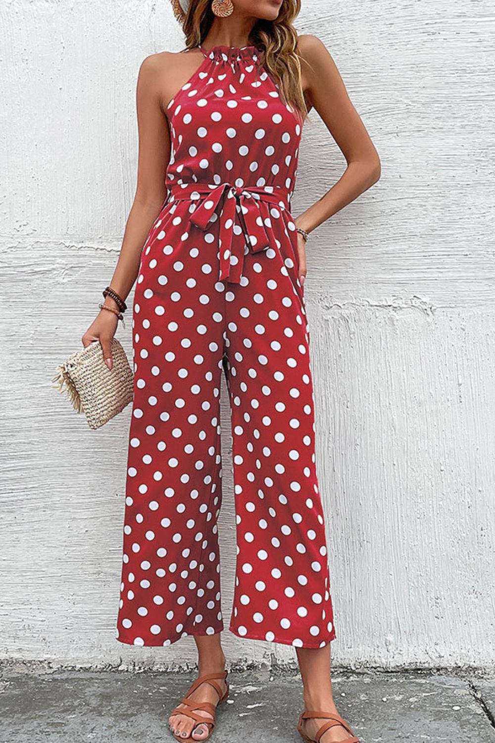 Perfee Polka Dot Grecian Wide Leg Jumpsuit