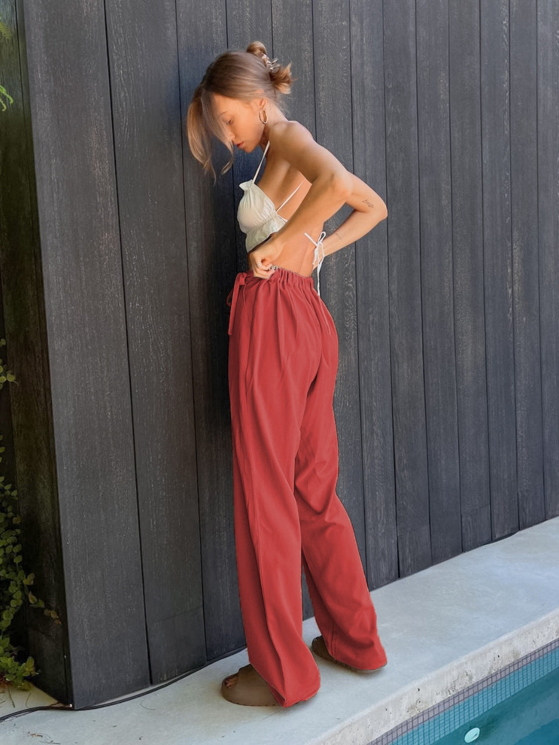 Our Best Polyester Blend Solid Color High Drawstring Waist Tie Detail Wide Palazzo Pants (Multicolor)