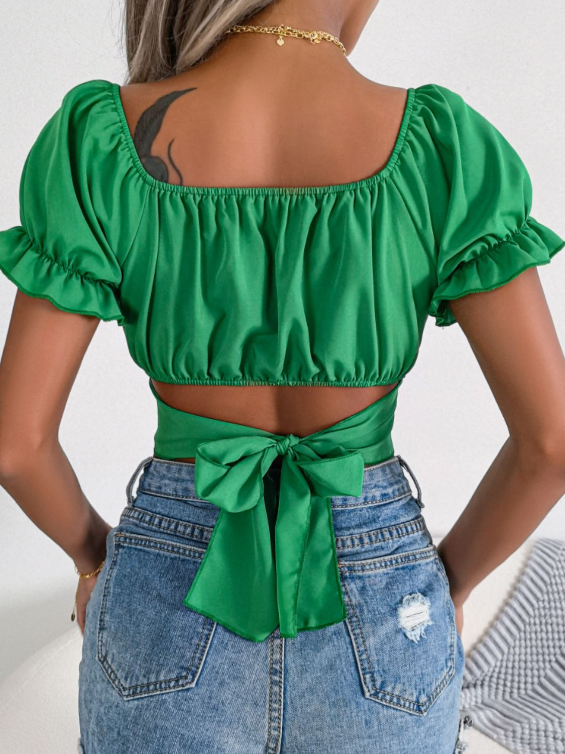 Our Best 100% Polyester Solid Color Square Neck Crisscross Flounce Puff Sleeve Cropped Top (Multicolors)