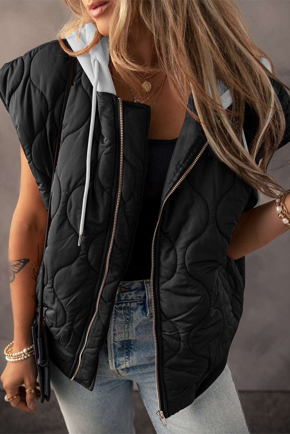 Our Best 100% Polyester Deluxe Quilted Drawstring Zip-Up Hooded Vest Coat (Moss/Black)