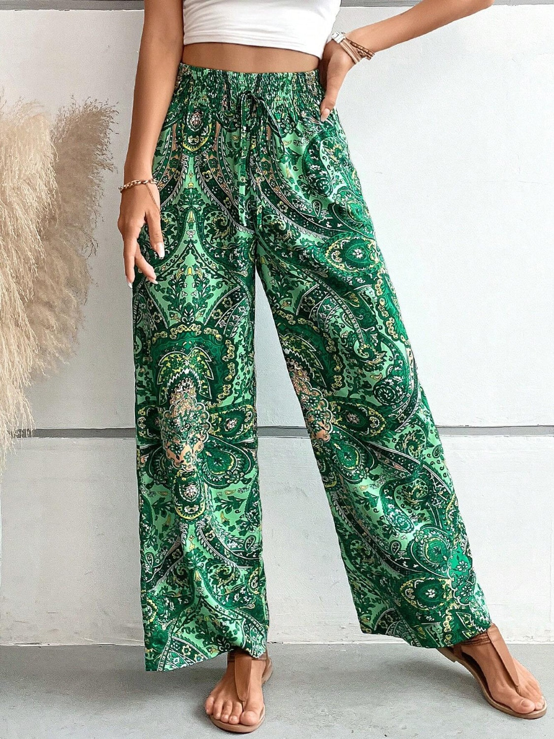 Our Best 100% Polyester Paisley Print Drawstring Waist Wide Leg Palazzo Pants (Multicolor)