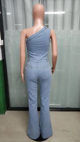 Demin Overalls Women Jumpsuits One Shoulder Mom Jeans Bodycon Long Pants Flare Pant High Waist Streetwear Y2k Slim Fit Rompers