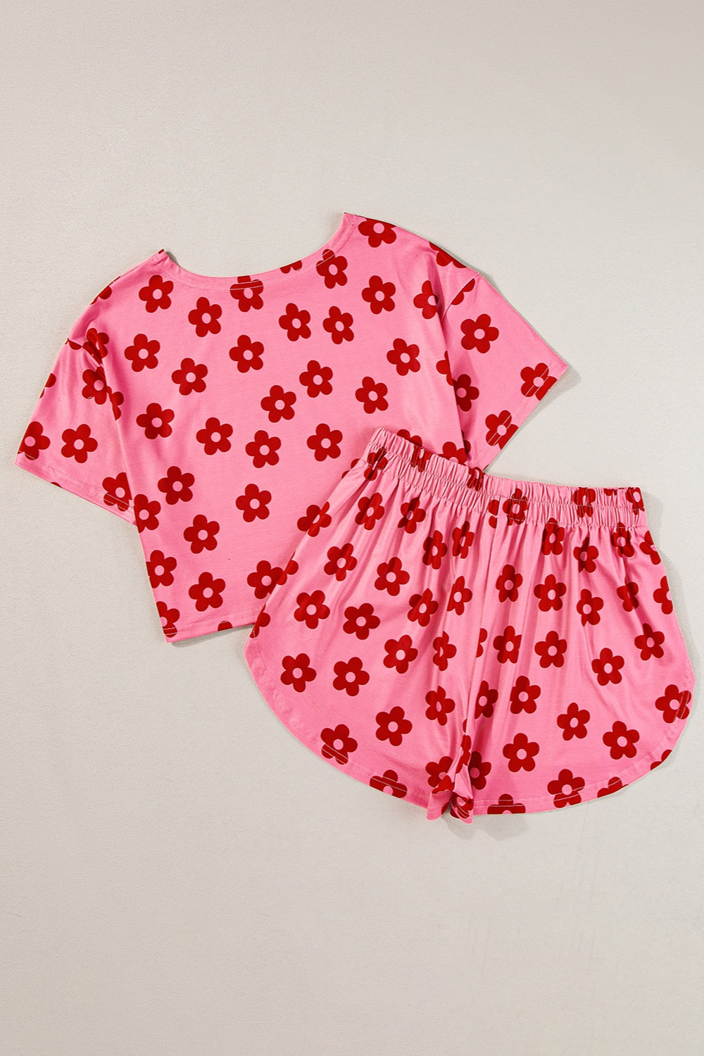 Fun-n-Flirty Polyester Blend Flower Round Neck Top and Shorts Two Piece Lounge Set (Hot Pink)