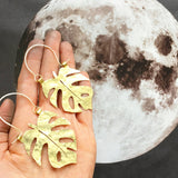 Handmade Monstera Leaf Hoop Earrings: Brass Tropical Jewelry - treasures-4-u-2-day