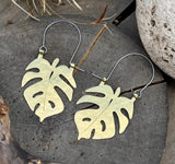 Handmade Monstera Leaf Hoop Earrings: Brass Tropical Jewelry - treasures-4-u-2-day