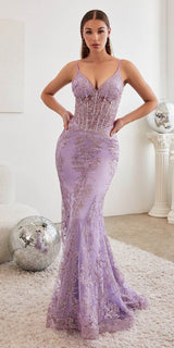 Ladivine J810 Long Fitted Floral Glitter Print Corset Gown