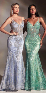 Ladivine J810 Long Fitted Floral Glitter Print Corset Gown