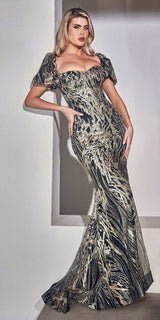 Ladivine J833 Long Glitter Printed Gown with Off Shoulder Puff Sleeves