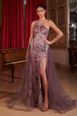 Ladivine J869 Long Fitted Tulle One Shoulder Strap Illusion Neck Gown