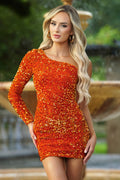 Woman wearing a sparkling orange dress with a blurred outdoor background