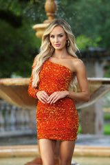 Rita Single Sleeve Sequin Cocktail Party Mini Dress (Orange) - treasures-4-u-2-day