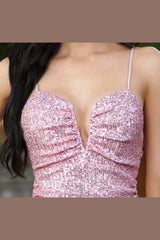 Emma Ruched V-Neck Sequin Cocktail Party Mini Dress (Rose) - treasures-4-u-2-day