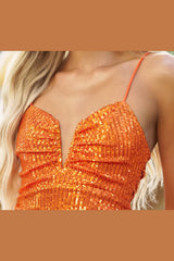 Emma V-neck Ruched Sequin Cocktail Party Mini Dress (Orange) - treasures-4-u-2-day