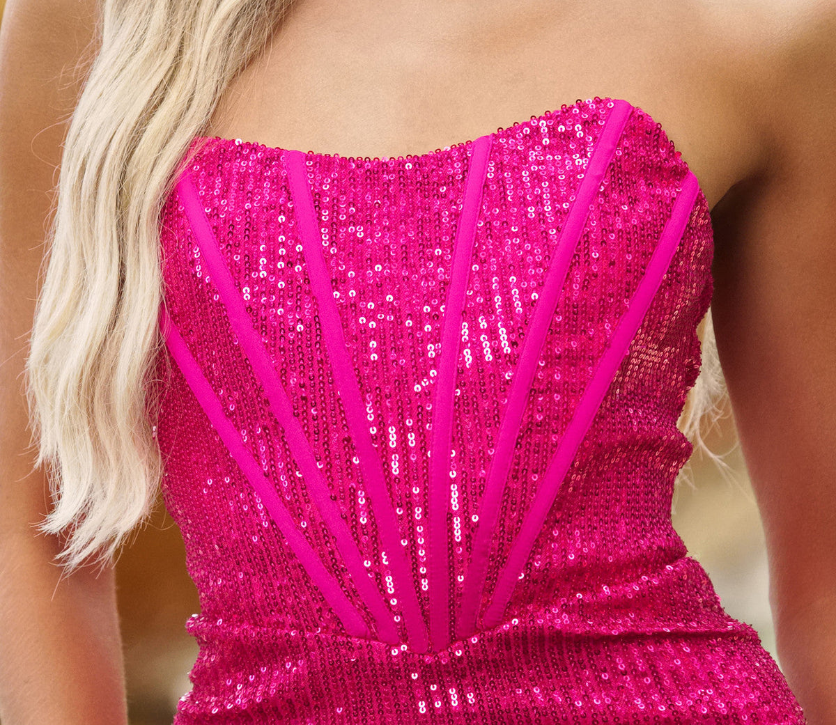 Gia Corset Bodice Sequin Bespangled Mini Dress (Fuchsia)