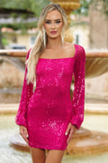 Sylvia Long Sleeve Sequin Cocktail Party Mini (Fuchsia)