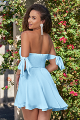 Sophie Off Shoulder Pleated Flare Mini Dress (Light Blue) - treasures-4-u-2-day