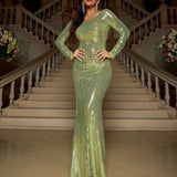 Lime Green Slim Long Sleeve Sequined Mermaid Gown