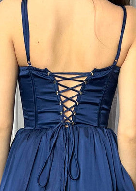 The Maeve Lace-Up Corset Tiered Slit Skirt Midi Dress (Navy)