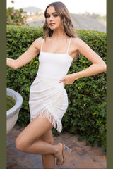 Malibu Wrap Around Front Fringe Cocktail Mini Dress (White) - treasures-4-u-2-day