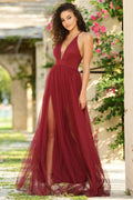 Sydney Deep-V Sheer Satin Pleated Bodice Maxi Dress (Wine)