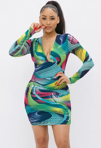Our Best 95% Polyester 5% Spandex Long Sleeve Printed V-neck Dress (Green/Pink)