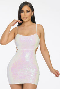 Glenda Glitter Glam 100% Polyester Cut-out Detail Laced Back Fully Lined Sequin Mini Dress (White)