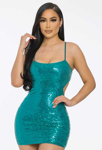 Glenda Glitter Glam 100% Polyester Cut-out Detail Laced Back Fully Lined Sequin Mini Dress (Rose)