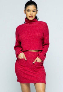 Our Best Rayon Blend Brushed Knit Mock Neck Drop Shoulder Top Front Pocket Two Piece Mini Skirt Set (Red)