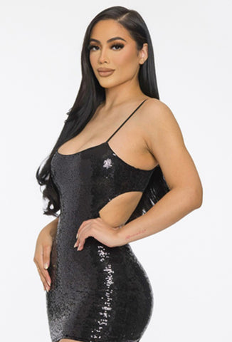 Glenda Glitter Glam 100% Polyester Cut-out Detail Laced Back Fully Lined Sequin Mini Dress (Black)