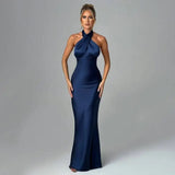 Navy Blue Elegant Backless Sleeveless Satin Gown