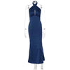 Navy Blue Elegant Backless Sleeveless Satin Gown