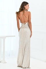 Eclipse Deep-V Lace Up Corset Slit Detail Gown (Platinum) - treasures-4-u-2-day