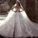 Luxury Beaded Lace Wedding Dress with 3D Floral Design