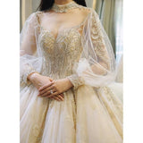 Luxury Court Train Wedding Gown with long sleeves