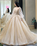Luxury Court Train Wedding Gown with long sleeves