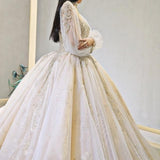Luxury Court Train Wedding Gown with long sleeves